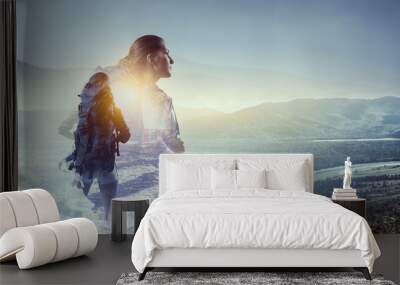 Hiking or trekking concept . Mixed media Wall mural