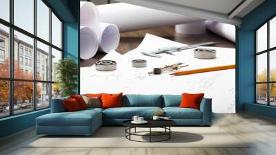 Tools and papers with sketches Wall mural