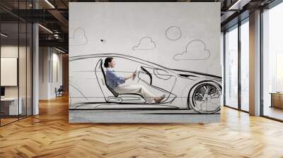 Woman in drawn car Wall mural