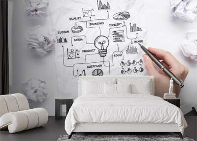 Woman sketching ideas on paper sheet . Mixed media Wall mural