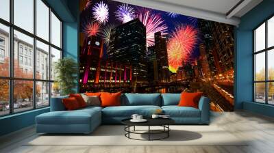 Chicago downtown with fireworks show at night Wall mural