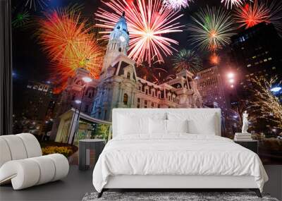 City hall in Philadelphia, PA, USA and fireworks Wall mural