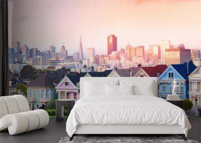 Evening skyline of San Francisco, painted ladies  Wall mural