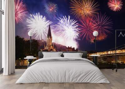 Fireworks light up Lyon sky over the Saone river Wall mural