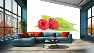 isolated ripe raspberries on white Wall mural