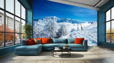 Snow covered bushes, trees and two pair of alpine skis Wall mural