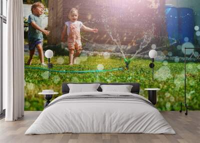 Two children have fun in the garden - playing with water on lawn Wall mural