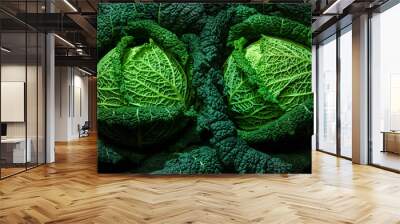 Two savoy cabbage heads close-up with many small details Wall mural