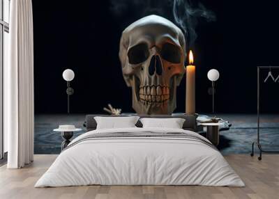 Old Skull and candle with incense on old altar plate which has dim light. Select focus, black background. Straw voodoo dolls. Mysical, terrible smoke of evil isolated with white highlights, png Wall mural