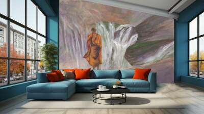 Acrylics painting of asian mountains & Buddhist monk in orange robe. Hand drawn oriental style landscape with rocks & waterfall. Background concept for decoration, relax, restore, meditating practice. Wall mural