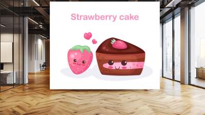 Cute Chocolate Strawberry cake with a berry. Kids vector illustration isolated on white. Baby shower, nursery decoration, t-shirt print. Funny kawaii summer food characters. Cafe menu, fabric print. Wall mural