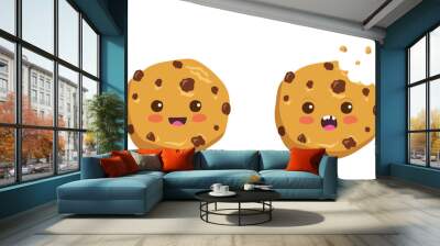 Kawaii cartoon chocolate chip cookie character with funny face. Cute happy cookie mascot vector illustration isolated on white. Kids menu design concept. Smiling and surprised face food emoji. Wall mural