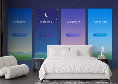 Serene peaceful background for mobile app. Launch screen concept with mountains view at sunrise, sunset, night & day. Meditating calm landscape in vertical orientation with button. UI/UX elements. Wall mural