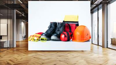 Personal protective equipment on light grey background. Safety work concept. Wall mural