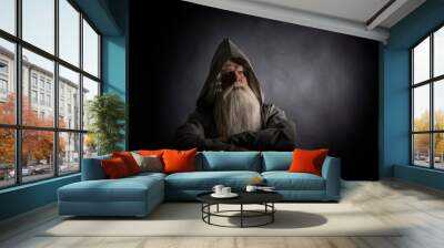 Portrait of a manly and brutal, majestic, old man, sorcerer, wizard with gray hair and a beard with a mustache, in gray clothes, a canopy and tunic Wall mural