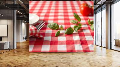 Red checkered textile picnic tablecloth pattern in close-up. Classic italian cuisine style isolated with white highlights, png Wall mural