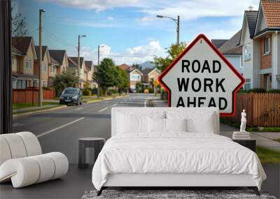 Road Work Ahead Sign on a Street in a Residential Area isolated with white highlights, png Wall mural