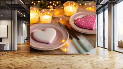 Romantic candlelit dinner setup with heart-shaped plates warm lighting Wall mural