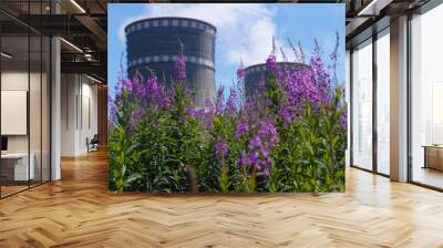 Russian Power plant with two coolers and violet flowers around it Wall mural