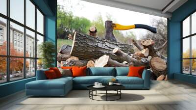 Axe with chopped wood Wall mural