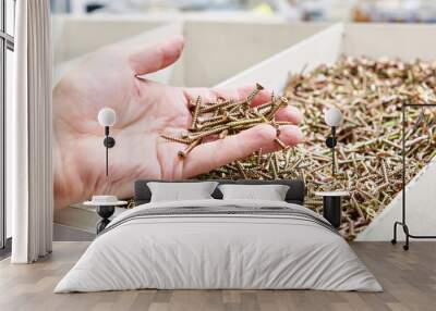 Hand with self-tapping screws in shop Wall mural