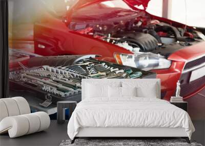 Set of tools on table in car service Wall mural