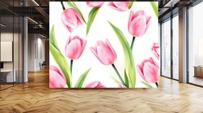 Seamless watercolor pattern with pink tulips on pastel background isolated with white highlights, png Wall mural