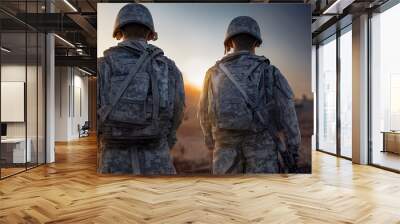 Soldiers stand behind. Back view. Military people. Warrior man. 3d illustration image Wall mural