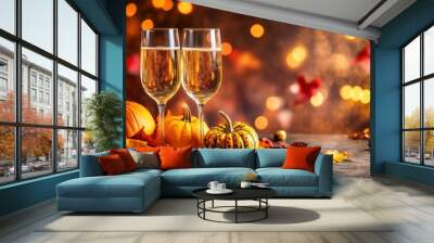 Sparkling champagne celebration with autumn pumpkins bokeh background Wall mural