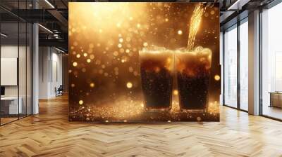 Sparkling pour in glasses with golden bokeh background Wall mural