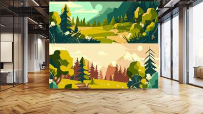 Summer landscape background with river stream, mountains, green field hills, big meadows, blue spring sky and clouds, trees. Countryside. Rural scene. Nature view. Flat cartoon vector illustration. Wall mural