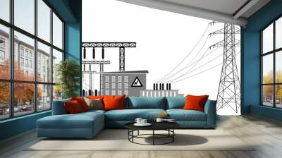 Electrical substation with high voltage lines. Transmission and reduction of electrical energy. Wall mural