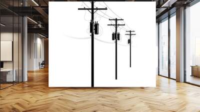 Power supply of residential buildings. A row of pillars on the street. Transformers and wires on poles. U.S. street. Wall mural