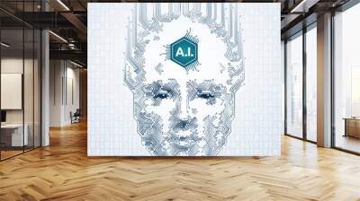 Artistic Representation Of Artificial Intelligence. Human face formed from electronic pattern of printed circuit board. Illustration on the subject of 'Future Technologies'. Wall mural