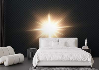 The sun is shining brightlight rays with realistic glare. Light star on a transparent black background. Light star gold png. Light sun gold png. Light flash gold png. Powder png. Wall mural