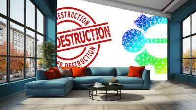 Under Destruction textured stamp print and low-poly spectral colored integration gear icon with gradient. Red stamp seal contains Under Destruction caption inside circle and lines form. Wall mural