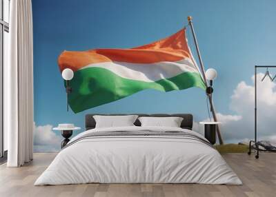 Waving Indian national flag against a blue sky with clouds
 Wall mural