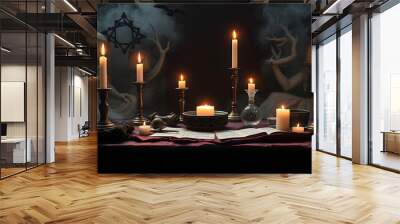 Witch altar. Concept of fortune telling and predictions of fate, candle magic and wicca elements on a table isolated with white highlights, png Wall mural