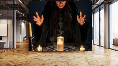 Witch is conducting occult ritual, opening spiritual dimentional portal, black and white magic symbols on altar isolated with white highlights, png Wall mural