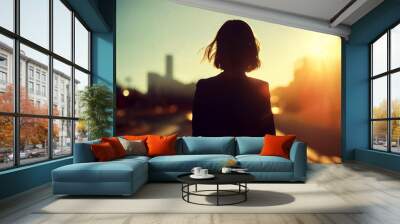 Woman silhouette in big city street. Filmic and cinematic view of girl walking outdoors. Wall mural