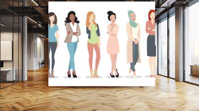 Young girls with different outfits, creed and race placed on white background. Women in flat design.- Vektorgrafik Wall mural