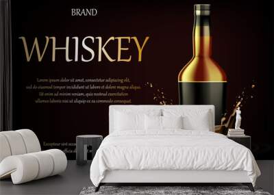 Whiskey Drink ads. Realistic glass whisky strong alcohol drink bottle on dark background with liquid splash and drops, advertising for banner design. Vector 3d illustration Wall mural