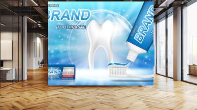 whitening toothpaste ads. tooth model and dental care product package design for toothpaste poster o Wall mural