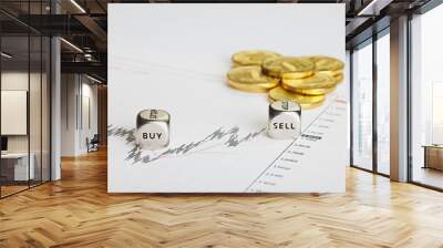 financial chart, coins and dices cubes with words sell buy. succ Wall mural