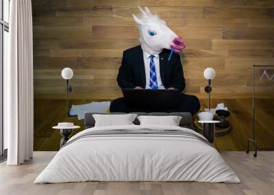 young man in funny horse mask sits on the floor against a wall and works with laptop. serious unicor Wall mural