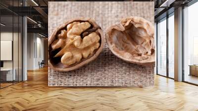 Macro cracked walnut, kernel inside, nutshell on sackcloth backg Wall mural