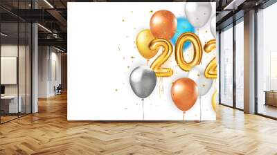 2022 Happy New Banner with gold balloons, glitter bright confetti, snow falling snow and colorful balloons. 2022 Happy New Year in 3D realistic style. Vector happy golden illustration Wall mural