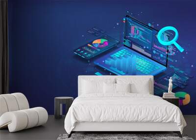 3D Data analytics on different devices phone or laptop in isometry. Software development and application coding process. Business analytics, programming or cross-platform code testing. Vector 3D Wall mural