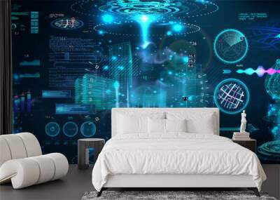 Advance control center with HUD UI. Building Information Modeling with Futuristic User Interface. Smart technology IOT for city and buildings. Scifi 3D hologram models with HUD. Vector illustration Wall mural