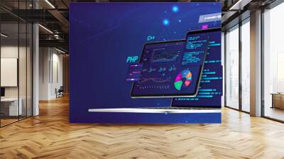 Banner Software UI and development for different devices. Business App dashboard with graph, charts, analytics data, testing platform, coding process. Software development and programming concept. Wall mural